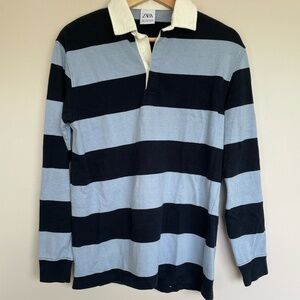 Zara Navy Light Blue Collared Polo Long Sleeve Rugby Shirt Top
